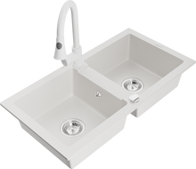 Mexen Mario chiuvetă de granit cu 2 compartimente cu baterie de bucătărie Elia, alb - 6504-20-670101-20
