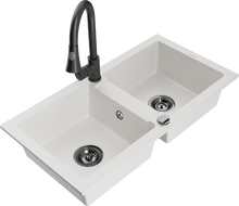 Mexen Mario 2 rekeszes gránit mosogató Elia konyhai csapteleppel, fehér - 6504-20-670101-70