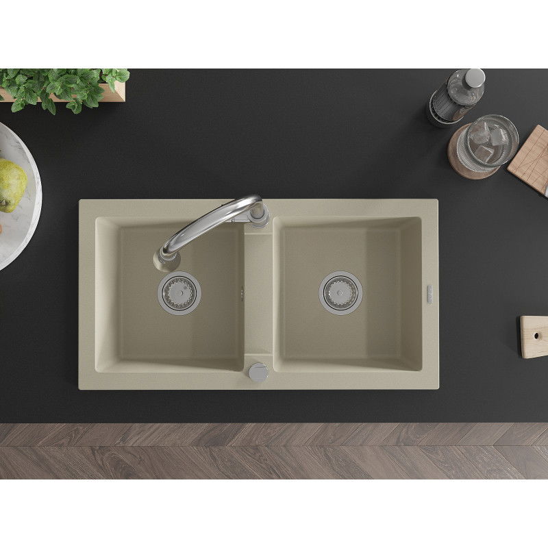 Mexen Mario gránit 2-medencés mosogató Elia konyhai csapteleppel, bézs - 6504-69-670101-00