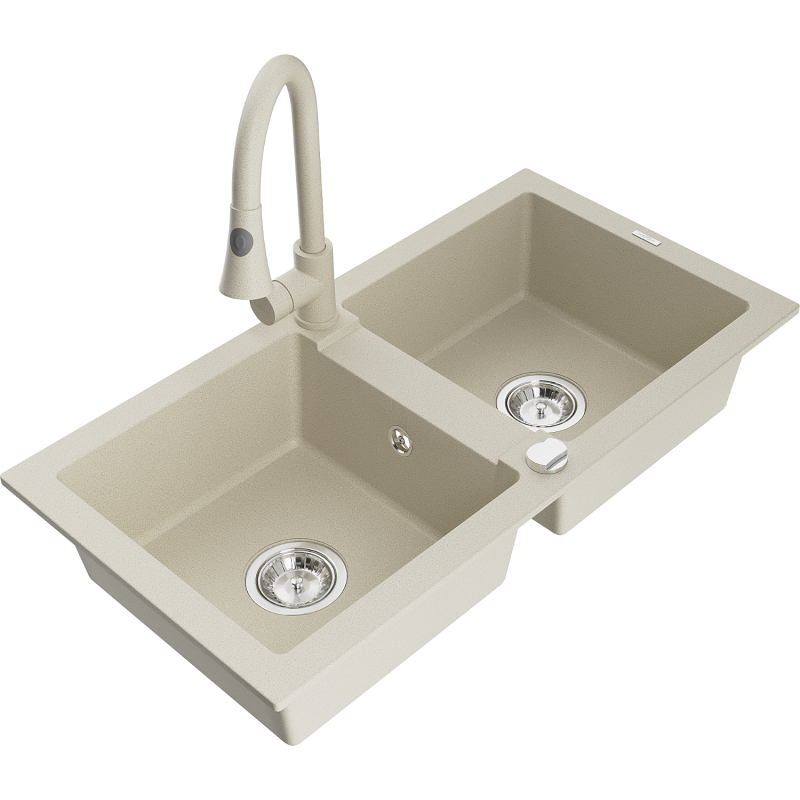 Mexen Mario 2 rekeszes gránit mosogató Elia konyhai csapteleppel, bézs - 6504-69-670101-69