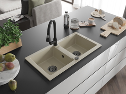 Mexen Mario chiuvetă de granit cu 2 compartimente cu baterie de bucătărie Elia, bej - 6504-69-670101-70