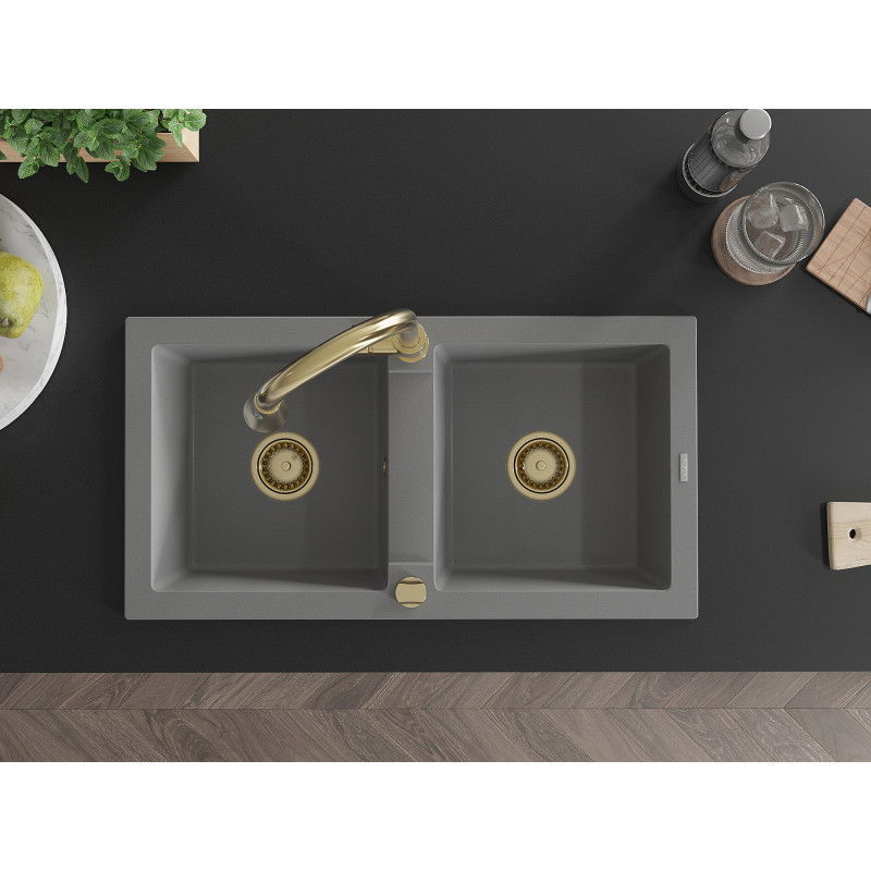Mexen Mario chiuvetă din granit cu 2 compartimente cu baterie de bucătărie Elia, gri - 6504-71-670101-50