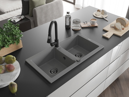 Mexen Mario chiuvetă granit dublă cu baterie de bucătărie Elia, gri - 6504-71-670101-70-B