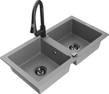 Mexen Mario gránit 2-medencés mosogató Elia konyhai csappal, szürke - 6504-71-670101-70-B