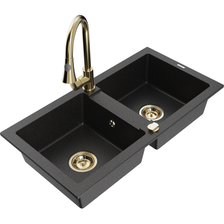 Mexen Mario chiuvetă de granit cu 2 compartimente și baterie de bucătărie Elia, negru/argintiu metalizat - 6504-73-670101-50