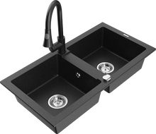 Mexen Mario gránit mosogató 2-medencés Elia konyhai csappal, fekete/ezüst metál - 6504-73-670101-70