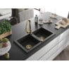 Mexen Mario chiuvetă de granit cu 2 compartimente cu baterie de bucătărie Elia, negru/auriu metalic - 6504-75-670101-50