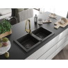 Mexen Mario 2 rekeszes gránit mosogató Elia konyhai csappal, fekete/arany metál - 6504-75-670101-50-B