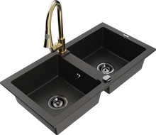 Mexen Mario 2 rekeszes gránit mosogató Elia konyhai csapteleppel, fekete/arany metál - 6504-75-670101-50-B