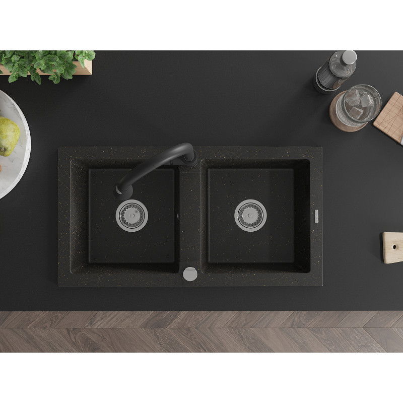 Mexen Mario 2 kamrás gránit mosogató Elia konyhai csapteleppel, fekete/arany metál - 6504-75-670101-70