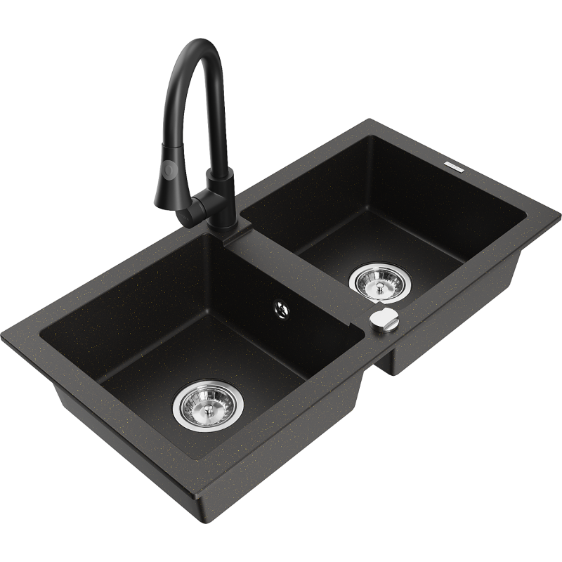 Mexen Mario chiuvetă granit cu 2 compartimente cu baterie de bucătărie Elia, negru/cu metalic auriu - 6504-75-670101-70