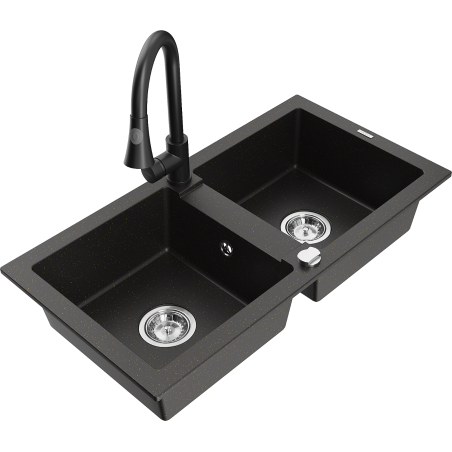 Mexen Mario chiuvetă granit cu 2 compartimente cu baterie de bucătărie Elia, negru/cu metalic auriu - 6504-75-670101-70