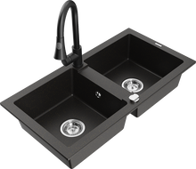 Mexen Mario chiuvetă granit cu 2 compartimente cu baterie de bucătărie Elia, negru/cu metalic auriu - 6504-75-670101-70