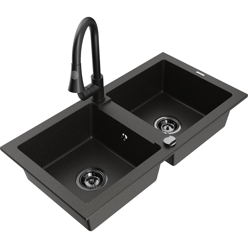 Mexen Mario chiuvetă de granit cu 2 camere cu baterie de bucătărie Elia, negru/auriu metalic - 6504-75-670101-70-B