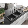 Mexen Mario chiuvetă de granit cu 2 compartimente cu baterie de bucătărie Elia, negru cu pete - 6504-76-670101-00