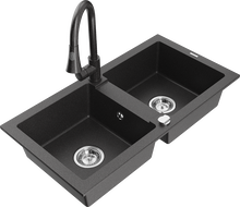 Mexen Mario chiuvetă de bucătărie granit cu 2 compartimente și baterie Elia, negru cu stropi - 6504-76-670101-76