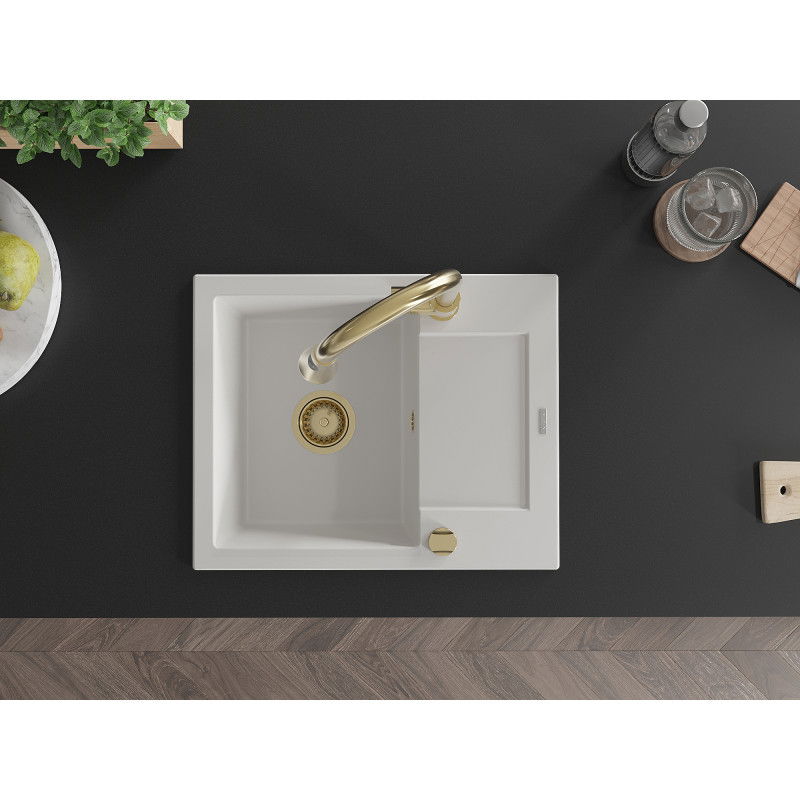 Mexen Enzo gránit mosogató 1-medencés csepptálcával és Elia konyhai csapteleppel, fehér - 6506-20-670101-50