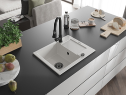 Mexen Enzo 1-medencés gránit mosogató csepptálcával és Elia konyhai csappal, fehér - 6506-20-670101-70