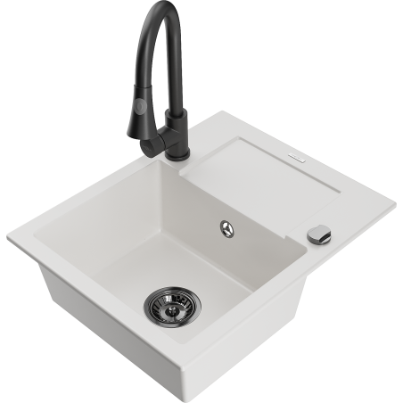 Mexen Enzo 1-medencés gránit mosogató csepptálcával és Elia konyhai csappal, fehér - 6506-20-670101-70