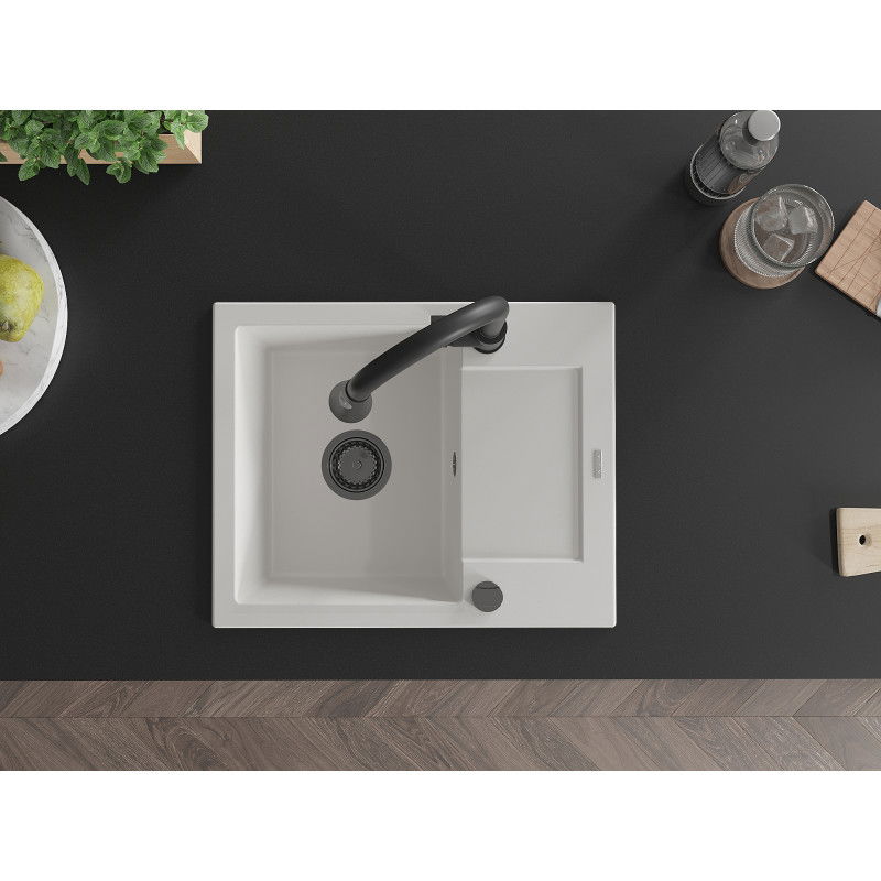 Mexen Enzo chiuvetă de bucătărie din granit cu 1 cuvă și picurător și robinet de bucătărie Elia, alb - 6506-20-670101-70