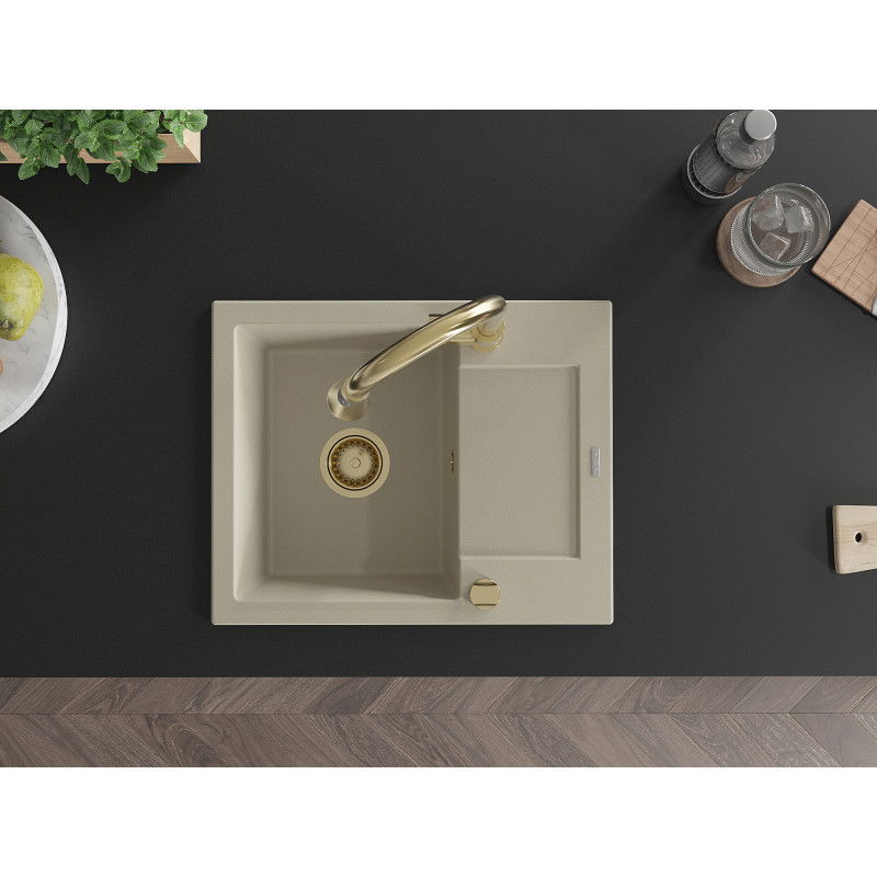 Mexen Enzo gránit mosogató 1-medencés csepegtetővel és Elia konyhai csapteleppel, bézs - 6506-69-670101-50