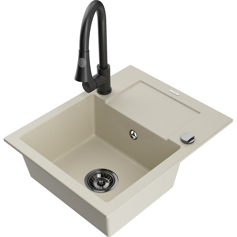 Chiuvetă granitică Mexen Enzo cu 1 compartiment și scurgător și baterie de bucătărie Elia, bej - 6506-69-670101-70