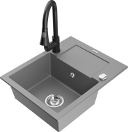 Mexen Enzo chiuvetă de bucătărie din granit cu 1 cuvă și scurgător și baterie de bucătărie Elia, gri - 6506-71-670101-70
