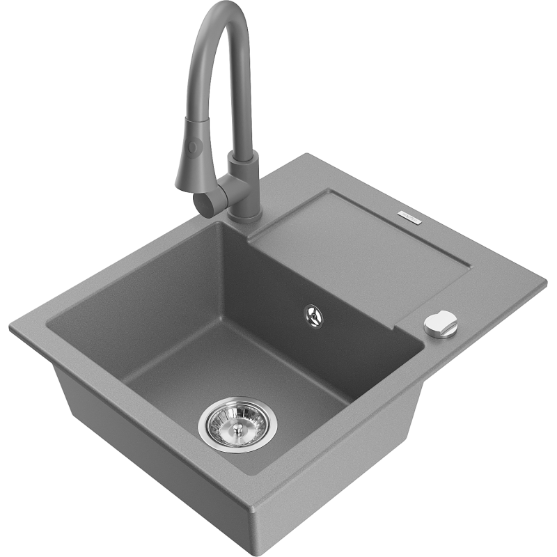 Mexen Enzo chiuvetă de bucătărie din granit cu o cuvă și scurgător, cu baterie Elia, gri - 6506-71-670101-71