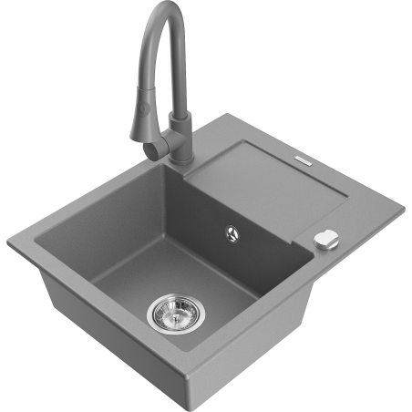 Mexen Enzo chiuvetă de bucătărie din granit cu o cuvă și scurgător, cu baterie Elia, gri - 6506-71-670101-71