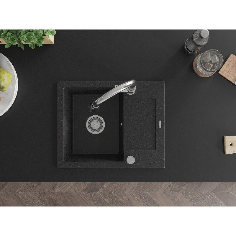 Mexen Enzo chiuvetă din granit cu 1 compartiment cu picurător și baterie de bucătărie Elia, negru/metalizat argintiu
