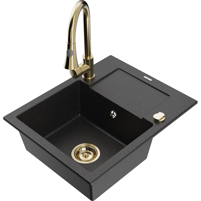 Mexen Enzo chiuvetă de granit cu 1 compartiment cu scurgător și robinet de bucătărie Elia, negru/argintiu metalizat