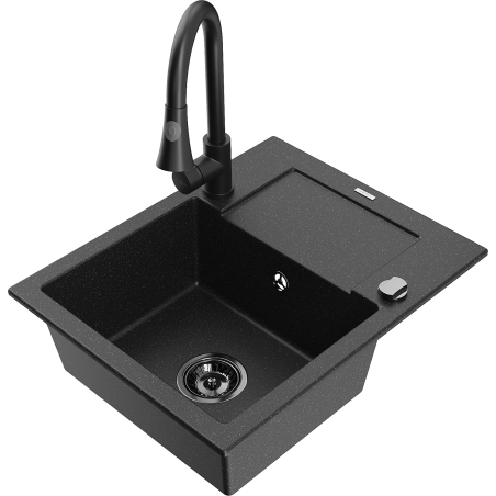 Mexen Enzo chiuvetă de bucătărie din granit cu 1 compartiment, cu scurgător și baterie Elia, negru/argintiu metalizat