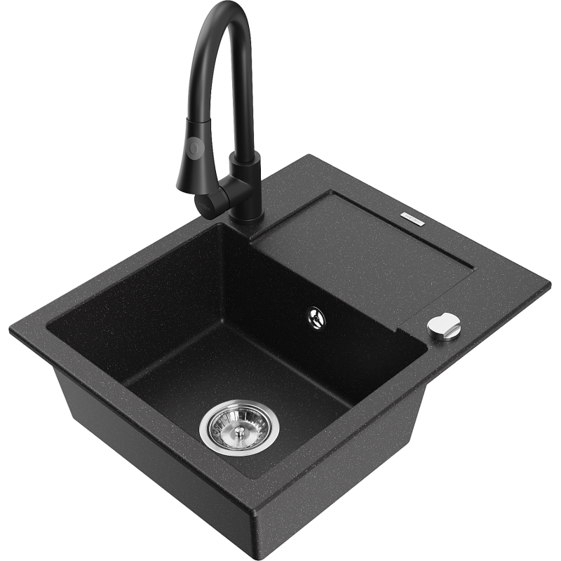 Mexen Enzo chiuvetă de granit cu o singură cuvă cu scurgător și baterie de bucătărie Elia, negru/argintiu metalizat