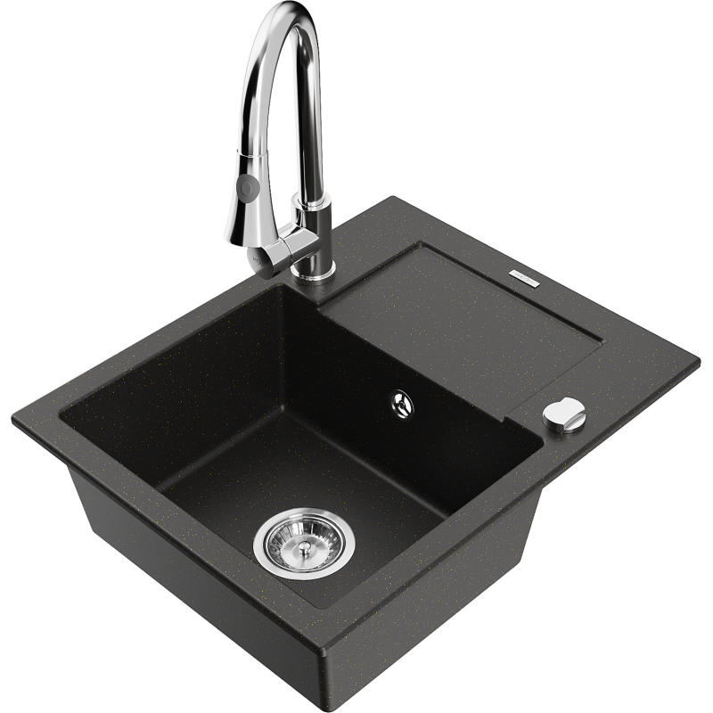 Chiuvetă granit Mexen Enzo 1-cameră cu scurgător și baterie bucătărie Elia, negru/auriu metalic - 6506-75-670101-00