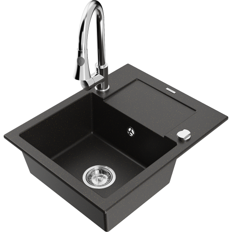 Chiuvetă granit Mexen Enzo 1-cameră cu scurgător și baterie bucătărie Elia, negru/auriu metalic - 6506-75-670101-00