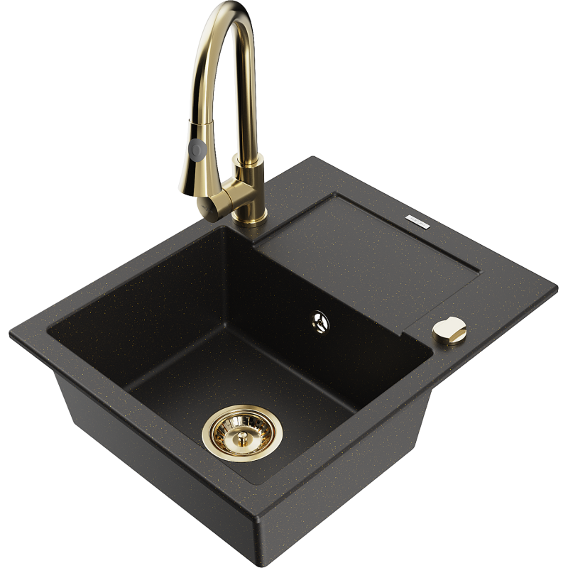 Mexen Enzo chiuvetă de granit cu 1 compartiment și scurgător și baterie de bucătărie Elia, negru/auriu metalic