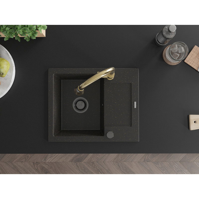 Mexen Enzo chiuvetă granit 1-camerală cu scurgător și baterie bucătărie Elia, negru/auriu metalic - 6506-75-670101-50-B