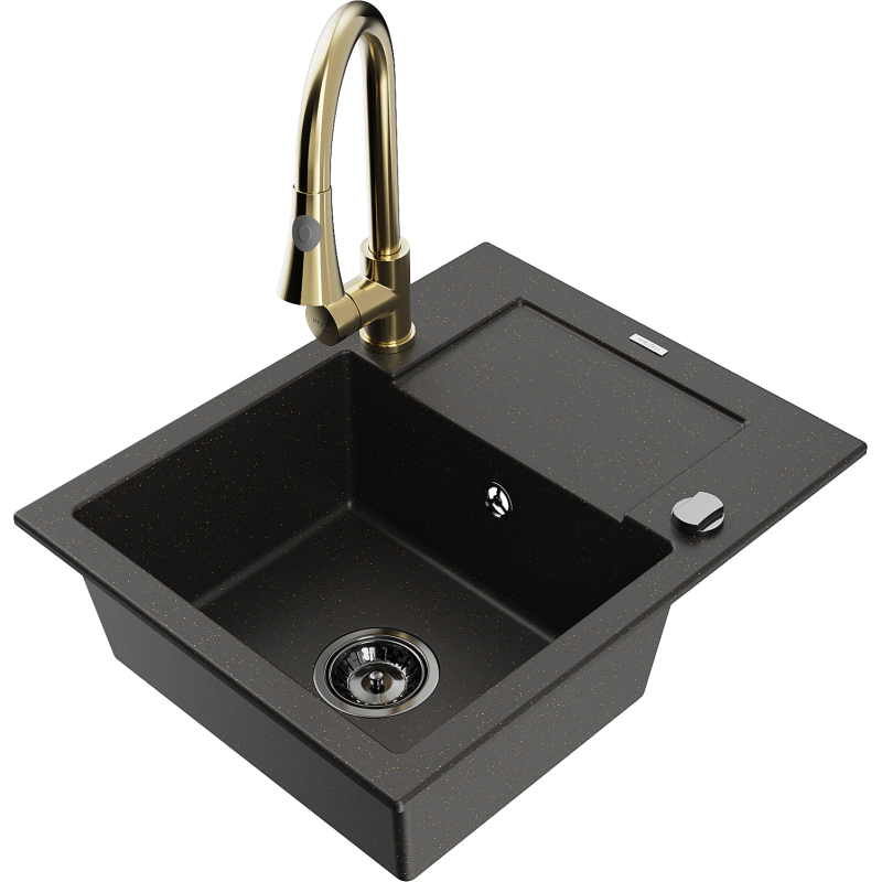 Mexen Enzo chiuvetă granit 1-camerală cu scurgător și baterie bucătărie Elia, negru/auriu metalic - 6506-75-670101-50-B