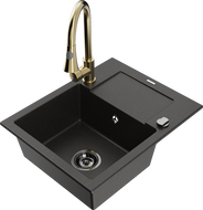 Mexen Enzo 1-medencés gránit mosogató csepegtetővel és Elia konyhai csappal, fekete/arany metál - 6506-75-670101-50-B