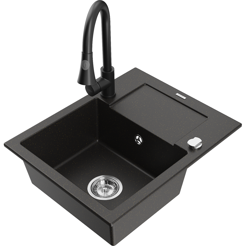 Mexen Enzo chiuvetă de bucătărie din granit cu 1 compartiment, cu scurgător și baterie de bucătărie Elia, negru/ofertă