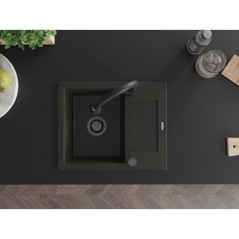 Mexen Enzo chiuvetă de bucătărie din granit cu o cuvă, cu scurgător și baterie de bucătărie Elia, negru/auriu metalic