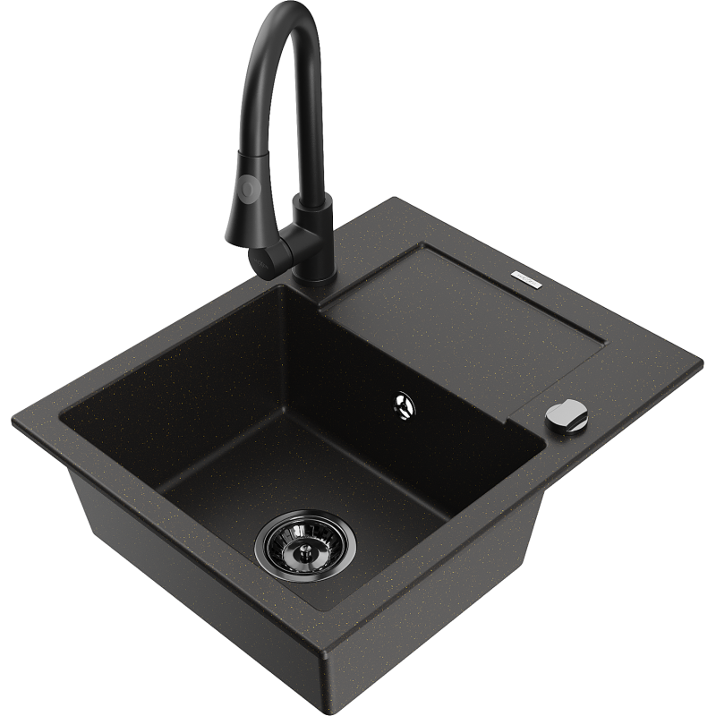 Mexen Enzo chiuvetă de bucătărie din granit cu o cuvă, cu scurgător și baterie de bucătărie Elia, negru/auriu metalic