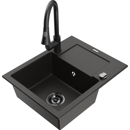 Mexen Enzo chiuvetă de bucătărie din granit cu o cuvă, cu scurgător și baterie de bucătărie Elia, negru/auriu metalic