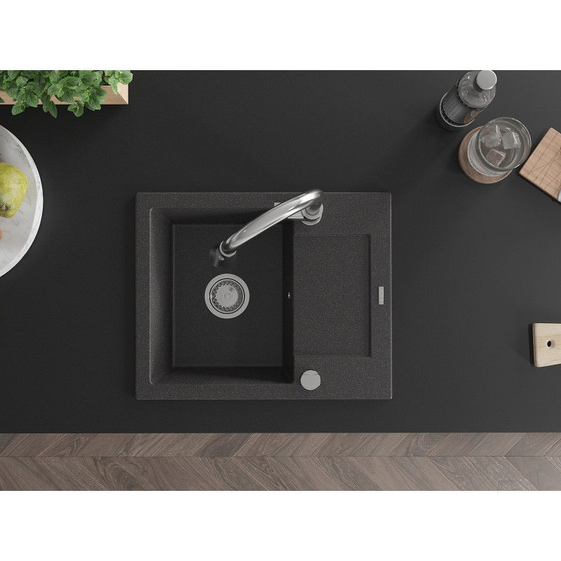 Mexen Enzo 1 medencés gránit mosogató csepegtetővel és Elia konyhai csapteleppel, fekete pöttyös - 6506-76-670101-00