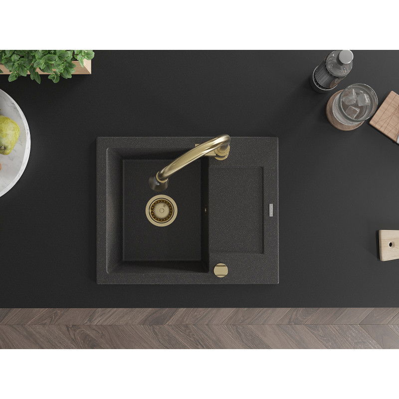 Mexen Enzo chiuvetă granit cu 1 compartiment și scurgător și baterie de bucătărie Elia, negru cu pete - 6506-76-670101-50