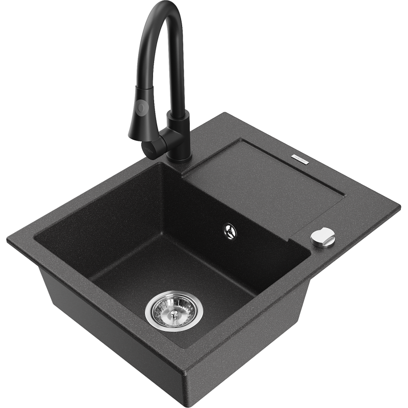 Mexen Enzo chiuvetă de granit cu 1 compartiment, cu scurgător și baterie de bucătărie Elia, neagră cu pete