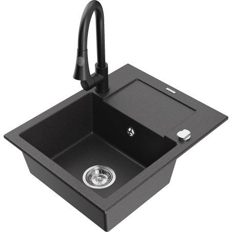 Mexen Enzo chiuvetă de granit cu 1 compartiment, cu scurgător și baterie de bucătărie Elia, neagră cu pete