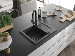 Mexen Enzo 1-medencés gránit mosogató csepptálcával és Elia konyhai csapteleppel, fekete pöttyös - 6506-76-670101-70-B