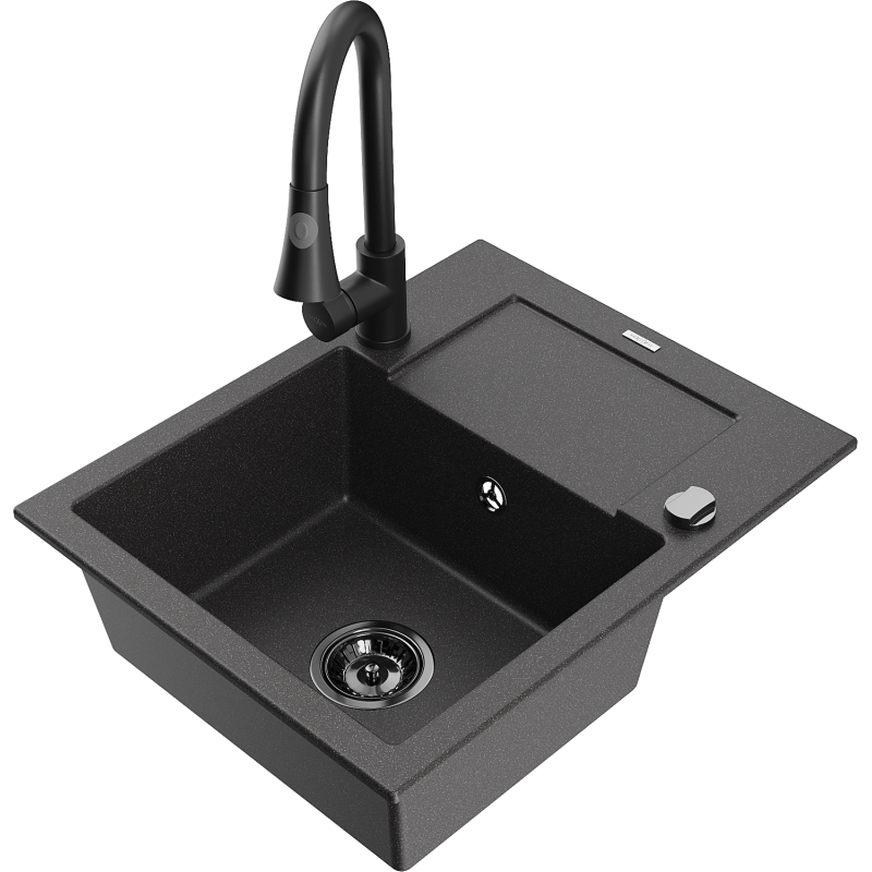 Mexen Enzo chiuvetă din granit cu 1 compartiment, cu uscător și baterie de bucătărie Elia, negru cu pete