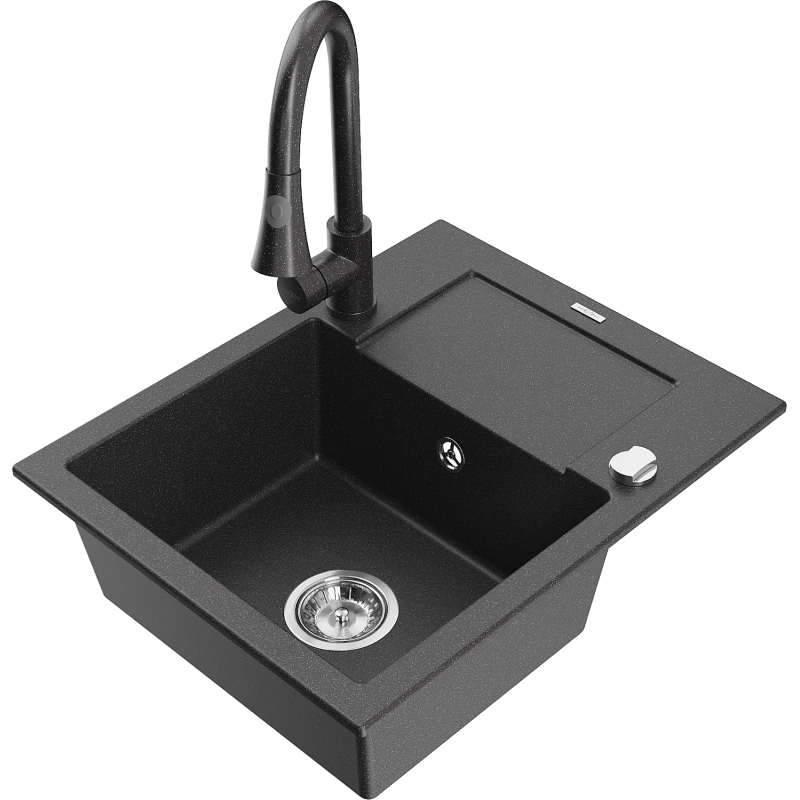 Mexen Enzo 1-medencés gránit mosogató csepegtetővel és Elia konyhai csappal, fekete foltos - 6506-76-670101-76